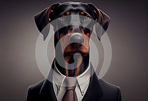 Portrait of a dog Dobermann dressed in a formal business suit. Generate Ai