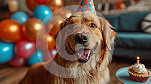 Portrait of a dog in a festive hat for his birthday. The owners wish their pet a happy birthday