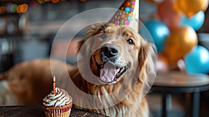 Portrait of a dog in a festive hat for his birthday. The owners wish their pet a happy birthday