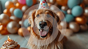 Portrait of a dog in a festive hat for his birthday. The owners wish their pet a happy birthday