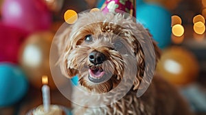 Portrait of a dog in a festive hat for his birthday. The owners wish their pet a happy birthday