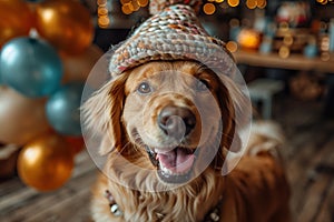 Portrait of a dog in a festive hat for his birthday. The owners wish their pet a happy birthday