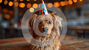 Portrait of a dog in a festive hat for his birthday. The owners wish their pet a happy birthday