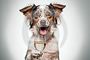 Portrait of dog holding a glass of champagne