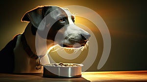 Portrait of a dog at home next to a bowl with dogfood. Pets indoors. AI Generated