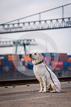 Portrait of a dog in industrial docks