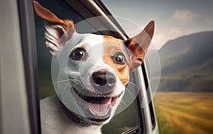 portrait of a dog looking out of a car window