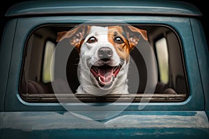 portrait of a dog looking out of a rear window of a car