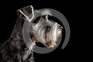 Portrait Of Dog Miniature Schnauzer In Profile On Black Matte Background. Generative AI