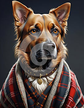 Portrait of a dog in a plaid jacket with a collar