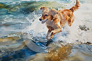 Portrait of a dog running along the beach watercolor