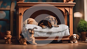 portrait of a dog sitting on a sofa A comical scene where a baby puppy and a dachshund are snoozing in a dollhouse,