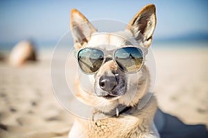 Portrait of a dog with sunglasses on the beach. Generative AI