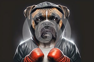 portrait of dog in a tracksuit and boxing gloves around his neck
