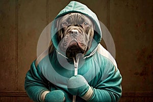 portrait of dog in a tracksuit and boxing gloves around his neck