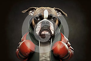 portrait of dog in a tracksuit and boxing gloves around his neck