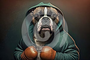 portrait of dog in a tracksuit and boxing gloves around his neck