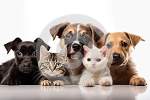 Portrait of dogs and cats looking at the camera in front of a white background