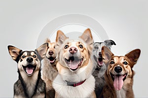 Portrait of dogs and cats looking at the camera in front of a white background