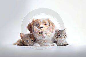 Portrait of dogs and cats looking at the camera in front of a white background