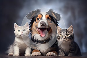 Portrait of dogs and cats looking at the camera in front of a white background