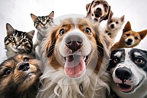 Portrait of dogs and cats looking at the camera in front of a white background