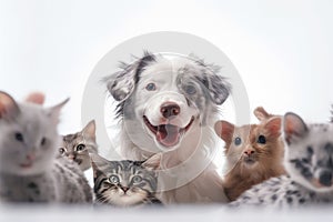 Portrait of dogs and cats looking at the camera in front of a white background