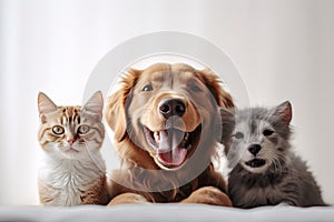 Portrait of dogs and cats looking at the camera in front of a white background