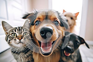 Portrait of dogs and cats looking at the camera in front of a white background