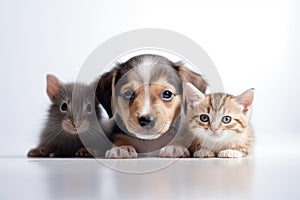 Portrait of dogs, rat and cats looking at the camera in front of a white background