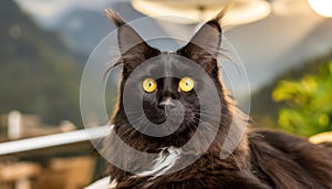 Portrait of domestic black Maine Coon cat with orange yellow eyes - 3 years old. Cute young cat laying outdoors and looking at