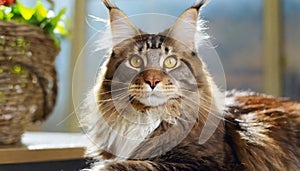 Portrait of domestic Maine Coon kitten - 9 months old. Cute young cat sitting in front of window and looking at camera. Curious