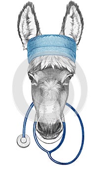 Portrait of Donkey with doctor cap and stethoscope. Hand-drawn illustration.