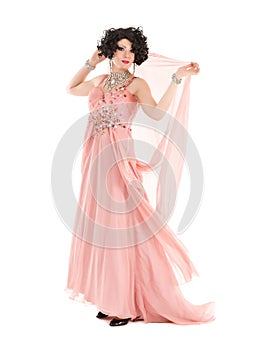 Portrait Drag Queen in Pink Evening Dress Performing