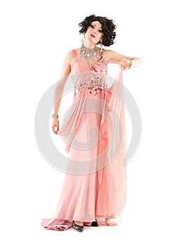 Portrait Drag Queen in Pink Evening Dress Performing