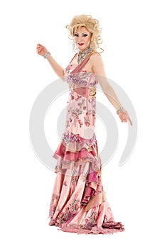 Portrait Drag Queen in Pink Evening Dress Performing