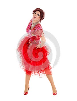 Portrait Drag Queen in Red Dress Performing