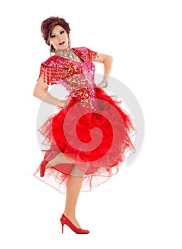 Portrait Drag Queen in Red Dress Performing