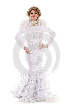 Portrait Drag Queen in White Dress Performing