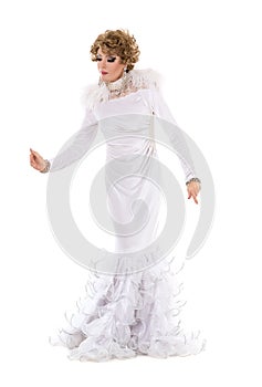 Portrait Drag Queen in White Dress Performing