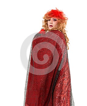Portrait Drag Queen in Woman Red Dress Performing