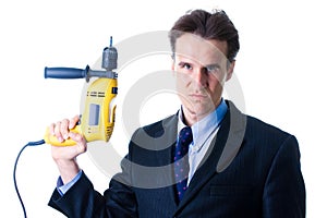 Portrait of dread businessman holding drill