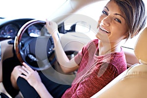 Portrait, driving and business woman with travel on morning commute, road trip or journey to work. Smile, transport and