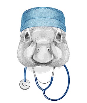 Portrait of Duck with doctor cap and stethoscope. Hand-drawn illustration.