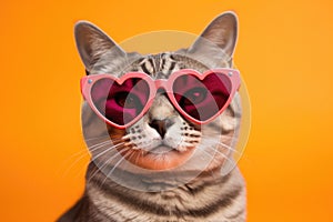 Portrait Egyptian Mau Cat With Heart Shaped Sunglasses Orange Background