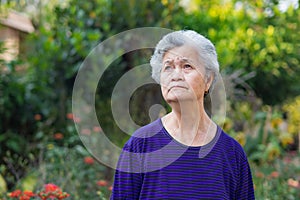 Portrait of an elderly Asian woman with short gray looking up while standing in a garden. Space for text. Concept of aged people
