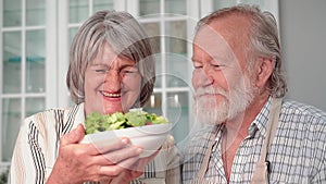 portrait of elderly couple lead healthy lifestyle and watch diet, hold fresh salad of vegetables in hands cooked for a