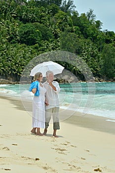 Portrait of an elderly couple resting on beach