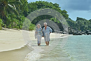 Portrait of elderly couple resting on beach. Travel