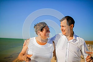 Portrait of elderly couple standing together with glasses of wine and embracing on the beach.